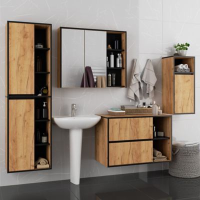 Armoire salle de bains VAMI suspendu Chêne Craft 35 cm 1 porte façade Noire 3 étagères 35x30x80 cm