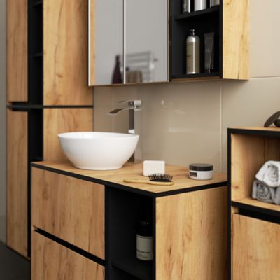 Armoire salle de bains VAMI suspendu Chêne Craft 35 cm 1 porte façade Noire 3 étagères 35x30x80 cm