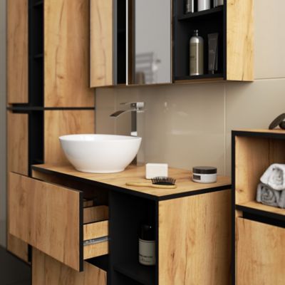 Armoire salle de bains VAMI suspendu Chêne Craft 35 cm 1 porte façade Noire 3 étagères 35x30x80 cm