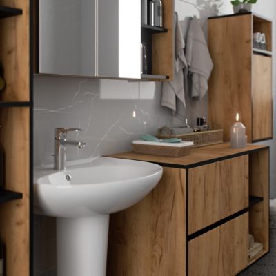Armoire salle de bains VAMI suspendu Chêne Craft 35 cm 1 porte façade Noire 3 étagères 35x30x80 cm