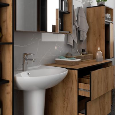 Armoire salle de bains VAMI suspendu Chêne Craft 35 cm 1 porte façade Noire 3 étagères 35x30x80 cm
