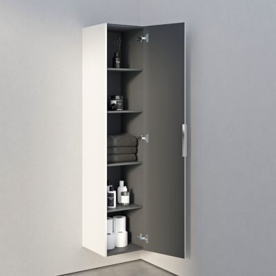 Armoire suspendue bois laqué, Colonne de salle de bain avec porte + poignée métal Chrome- 35x165x35cm, TIM, Blanc brillant