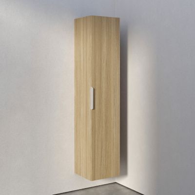 Armoire suspendue bois laqué, Colonne de salle de bain avec porte + poignée métal Chrome, 35x165x35cm, TIM, Chêne blanchi