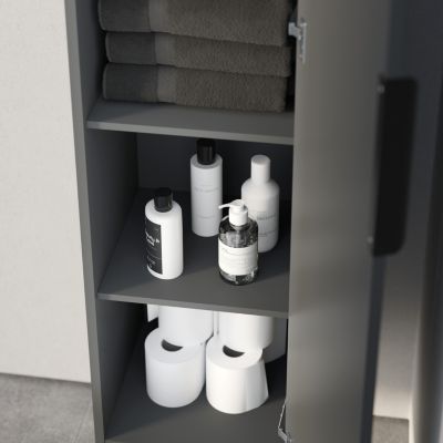 Armoire suspendue bois laqué, Colonne de salle de bain avec porte + poignée métal Noir mat, 35x165x35cm, TIM, Anthracite mat