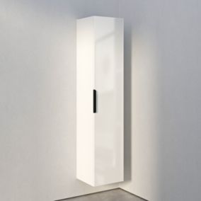 Armoire suspendue bois laqué, Colonne de salle de bain avec porte + poignée métal Noir mat, 35x165x35cm, TIM, Blanc brillant