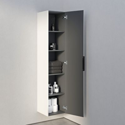 Armoire suspendue bois laqué, Colonne de salle de bain avec porte + poignée métal Noir mat, 35x165x35cm, TIM, Blanc brillant