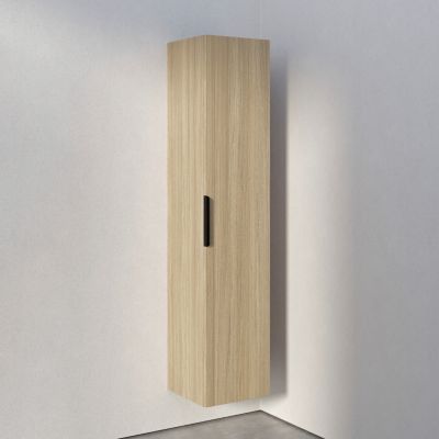 Armoire suspendue bois laqué, Colonne de salle de bain avec porte + poignée métal Noir mat, 35x165x35cm, TIM, Chêne blanchi