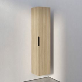 Armoire suspendue bois laqué, Colonne de salle de bain avec porte + poignée métal Noir mat, 35x165x35cm, TIM, Chêne blanchi