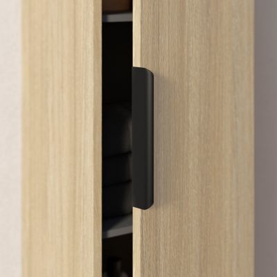 Armoire suspendue bois laqué, Colonne de salle de bain avec porte + poignée métal Noir mat, 35x165x35cm, TIM, Chêne blanchi