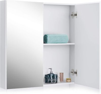 Armoire Toilette avec Miroir Murale Double Porte avec 2 Etagères Meuble à Miroir de Salle de Bain en Bois MDF Blanc