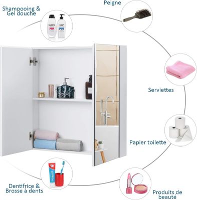 Armoire De Toilette Murale Avec Miroir - 2 Portes, 2 Étagères, Blanc, MDF, 56x13x58 Cm (Salle De Bain)