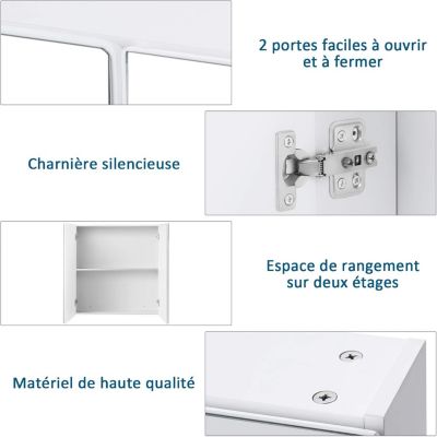Armoire Toilette avec Miroir Murale Double Porte avec 2 Etagères Meuble à Miroir de Salle de Bain en Bois MDF Blanc