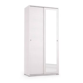 Armoire Tulipano, Armoire avec 2 portes coulissantes et miroir, Armoire avec tringle à vêtements et Etageres, 90x45h195 cm, Blanc