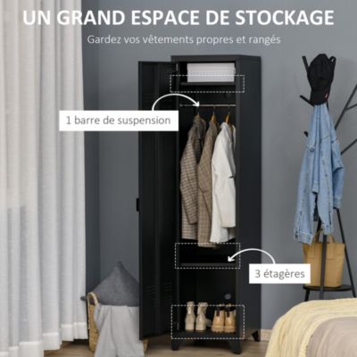 Armoire vestiaire métal design industriel - barre penderie, 3 étagères - dim. 43L x 50l x 180H cm - métal noir