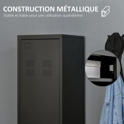 Armoire vestiaire métal design industriel - barre penderie, 3 étagères - dim. 43L x 50l x 180H cm - métal noir