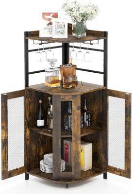 Armoire à Vin angle Style Industrielle avec étagère Réglable et Porte en Maille Meuble de Rangement Marron