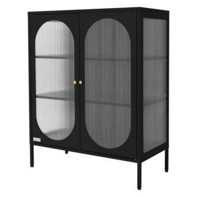 Vitrine en Verre - 3 étagères - Avec LEDs, lumière et serrure, noir