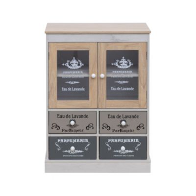 Armoire Vitrine Shabby avec 4 Tiroirs et 2 portes en Bois Blanc Beige Gris