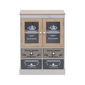 Armoire Vitrine Shabby avec 4 Tiroirs et 2 portes en Bois Blanc Beige Gris