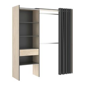 Armoire Wetterhorn, Structure pour dressing avec rideau, Cintre ouvert, 160x50h205 cm, Chêne et Anthracite