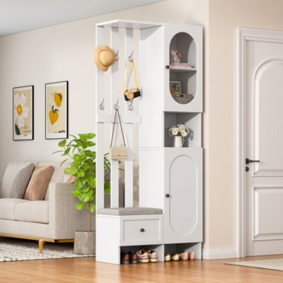 Armoires compactes d'entrée,85x33,5x200cm,blanc, avec 2 armoires, verre trempé, banc à chaussures rembourré