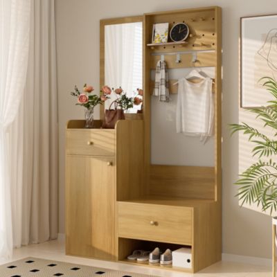 Armoires d'entrée Moderne en Bois Naturel, avec Crochets Réglables et Étagères Spacieuses, Banc à Chaussures Intégré