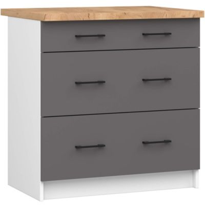 Armoires de cuisine basse AKORD S80 OLIWIA Blanc 80 cm 3 tiroirs façade Gris Graphite 80x46x85 cm