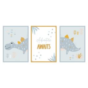 Art print (set de 3) dinosaures bleu et orange 21x29,7 cm