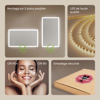 Artforma Miroir de Salle de Bain LED 120x70, Miroir LED avec tactile, 3 températures de Couleur (3000K- 6500K)