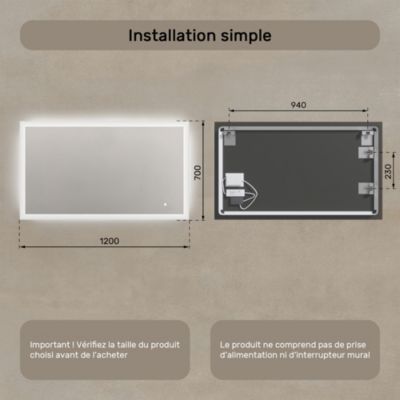 Artforma Miroir de Salle de Bain LED 120x70, Miroir LED avec tactile, 3 températures de Couleur (3000K- 6500K)