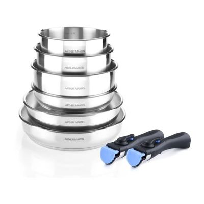 ARTHUR MARTIN AM5538 - Batterie de cuisine 8 pieces Inox : 3 poeles, 3 casseroles, 2 poignées - Tous feux dont induction