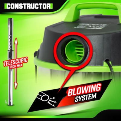 Aspirateur Eau Et Poussières 1400W Constructor - Cuve 30L Inox - Dépression 18 Kpa - Avec Soufflerie - Pour Garage, Atelier