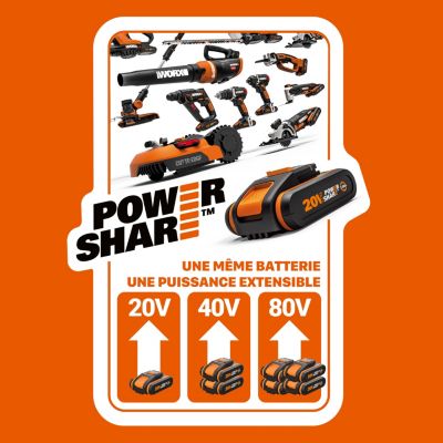Aspirateur souffleur broyeur 2x20V WORX - WG583E.9 (moteur brushless, 335 km/h, sac et harnais, sans batterie ni chargeur)