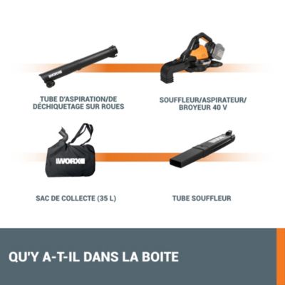 Aspirateur souffleur broyeur 2x20V WORX - WG583E.9 (moteur brushless, 335 km/h, sac et harnais, sans batterie ni chargeur)