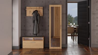 ATARA - Armoire d'entrée avec grand miroir - 2 étagères + porte-cintres - 180x50x35 cm - CHÊNE ARTISAN