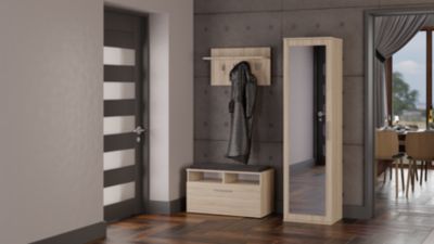 ATARA - Armoire d'entrée avec grand miroir - 2 étagères + porte-cintres - 180x50x35 cm - CHÊNE SONOMA