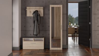 ATARA - Armoire d'entrée avec grand miroir - 2 étagères + porte-cintres - 180x50x35 cm - CHÊNE SONOMA