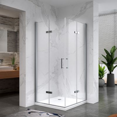 ATEA Porte de douche d'angle H.190 cm pliante et pivotante - verre transparent 80 x 90 cm + receveur - Saniverre