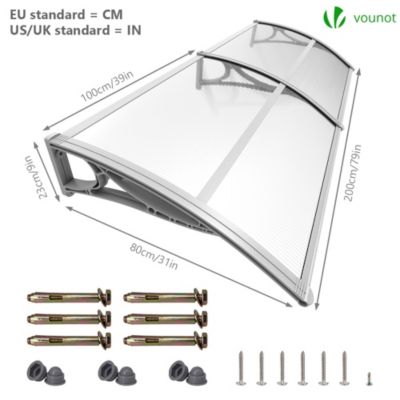 Auvent de porte marquise 200x80 cm transparent en Polycarbonate anti UV ...