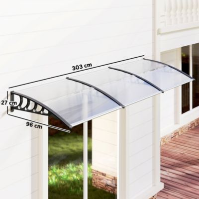 Auvent marquise de porte design voûté arrondi dim. 303L x 96l x 27H cm alu polycarbonate plastique transparent noir