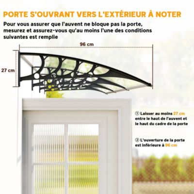 Auvent marquise de porte design voûté arrondi dim. 303L x 96l x 27H cm alu polycarbonate plastique transparent noir