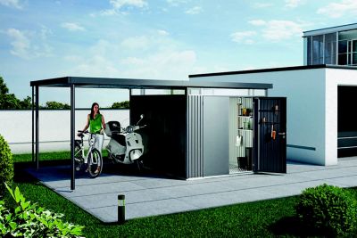 Auvent taille L Biohort en métal coloris gris foncé métallique pour abris de jardin série HighLine H2