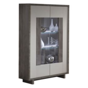 AUXANE - Vitrine 2 Portes Gris Acier Metallisé et Gris Mat avec Leds