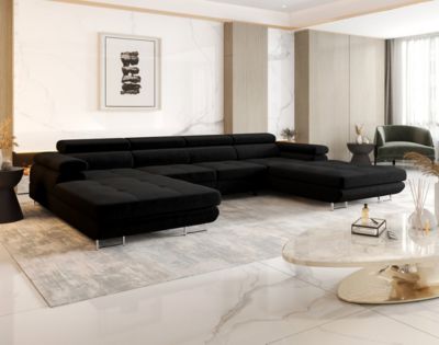 Ayden - Canapé panoramique en U 7 places convertible avec coffre et têtières réglables en tissu - Best Mobilier