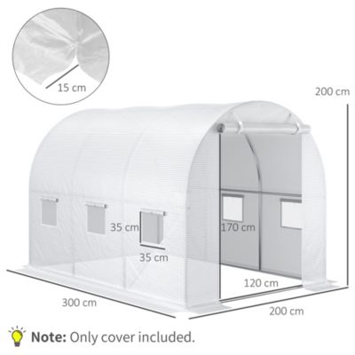 Bâche de rechange serre tunnel 6 m², bâche dim. 3L x 2l x 2H m PE anti-UV imperméable 6 fenêtres + porte enroulable zippée blanc