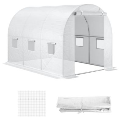 Bâche de rechange serre tunnel 6 m², bâche dim. 3L x 2l x 2H m PE anti-UV imperméable 6 fenêtres + porte enroulable zippée blanc