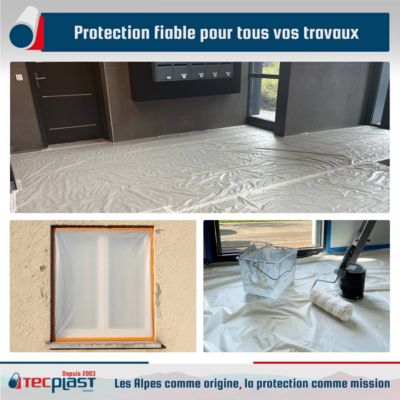 Bâche peinture en ROULEAU 3x15m Translucide - Economique TECPLAST 40RPE - Film plastique de protection sol - Made in France
