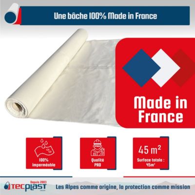 Bâche peinture en ROULEAU 3x15m Translucide - Economique TECPLAST 40RPE - Film plastique de protection sol - Made in France
