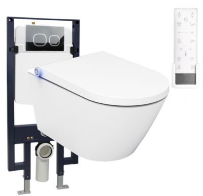 Bâti-support Toilettes Japonais céramique, WC lavant japonais + télécommande - 38,4x59,3x38cm - PRO+ 1102 - Plaque 4111 blanc mat