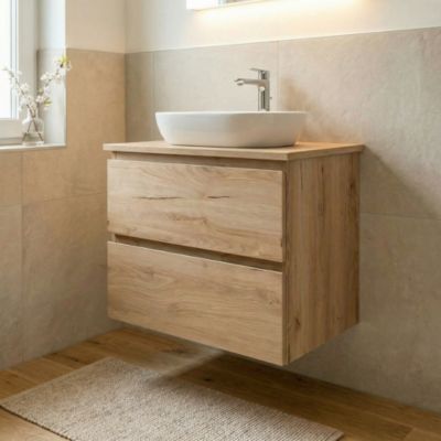 B-Way 59x50x45 cm meuble de salle de bain suspendu avec plaque de recouvrement, 2 tiroirs, chêne mat (BWAY260OAKDESK)